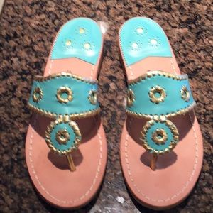 Jack Rogers Aqua Blue & Gold Trim Sandals Sz 7M